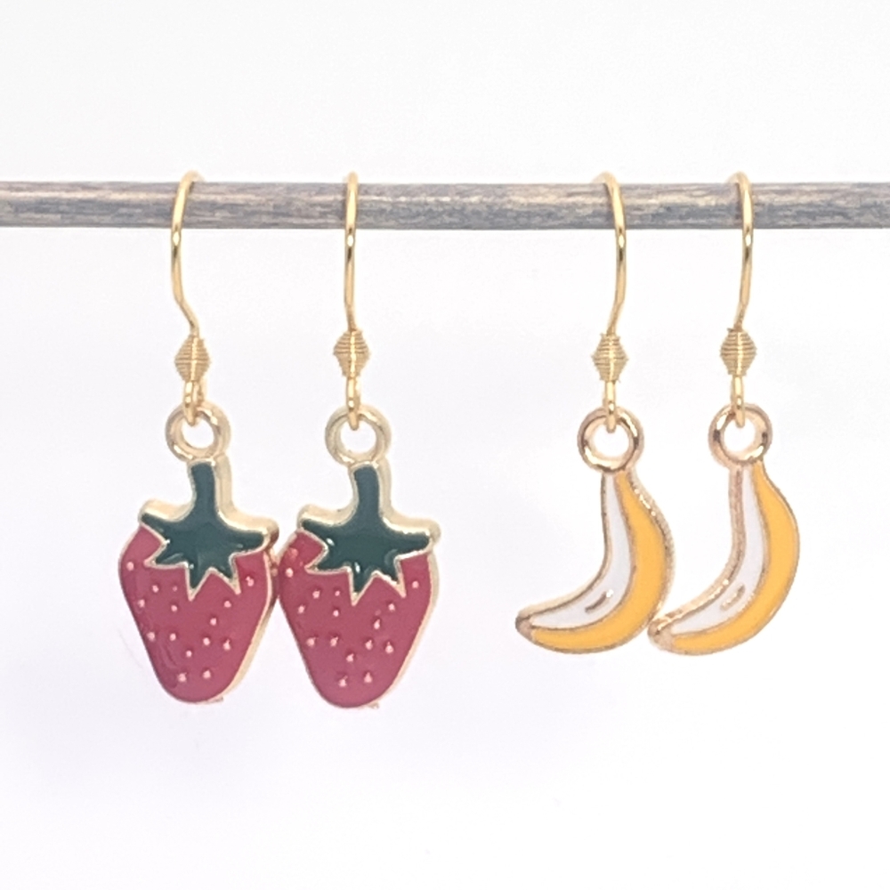 !Special 2 Pairs! Fruity Strawberry and Banana Hook Earrings
